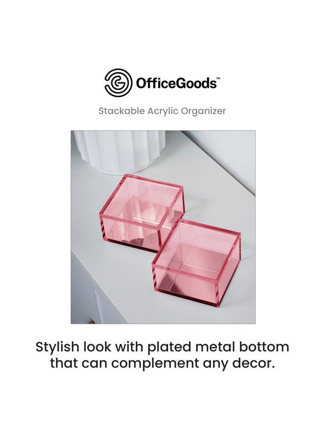 OfficeGoods 3-Tier Stackable Acrylic Holder- Stylish Desk Organizer and Storage for Office or Home – Transparent Square Design, Pink with Silver Metal Base - Image 2