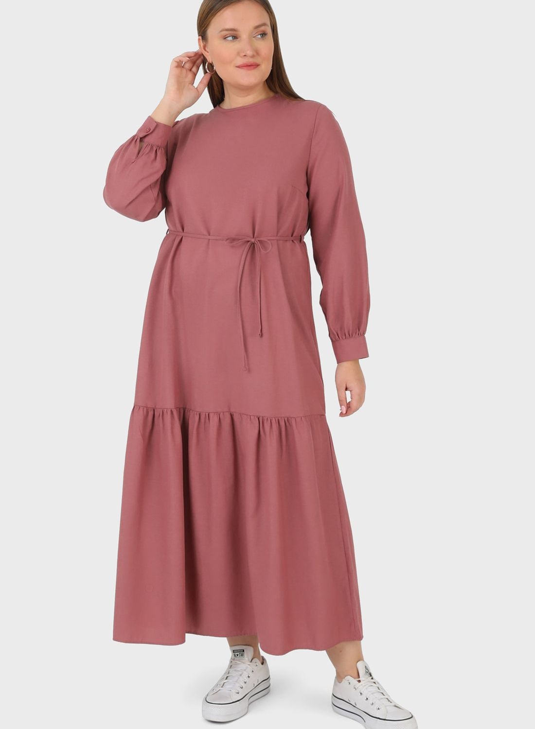 buy-alia-by-modanisa-puff-sleeve-ruffled-belted-dress