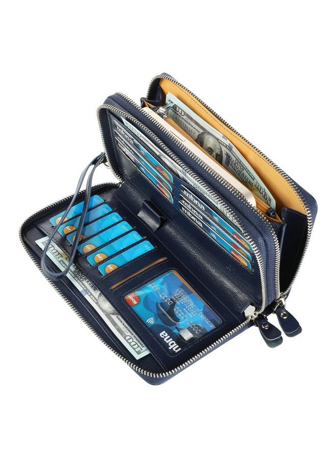 Lavemi Women'S 100% Leather Wallets Large Capacity Rfid Blocking Two Zippers Phone Holder Clutch Travel Purse(Two Zipper Blue) - Image 2