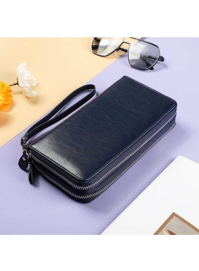 Lavemi Women'S 100% Leather Wallets Large Capacity Rfid Blocking Two Zippers Phone Holder Clutch Travel Purse(Two Zipper Blue) - Image 3