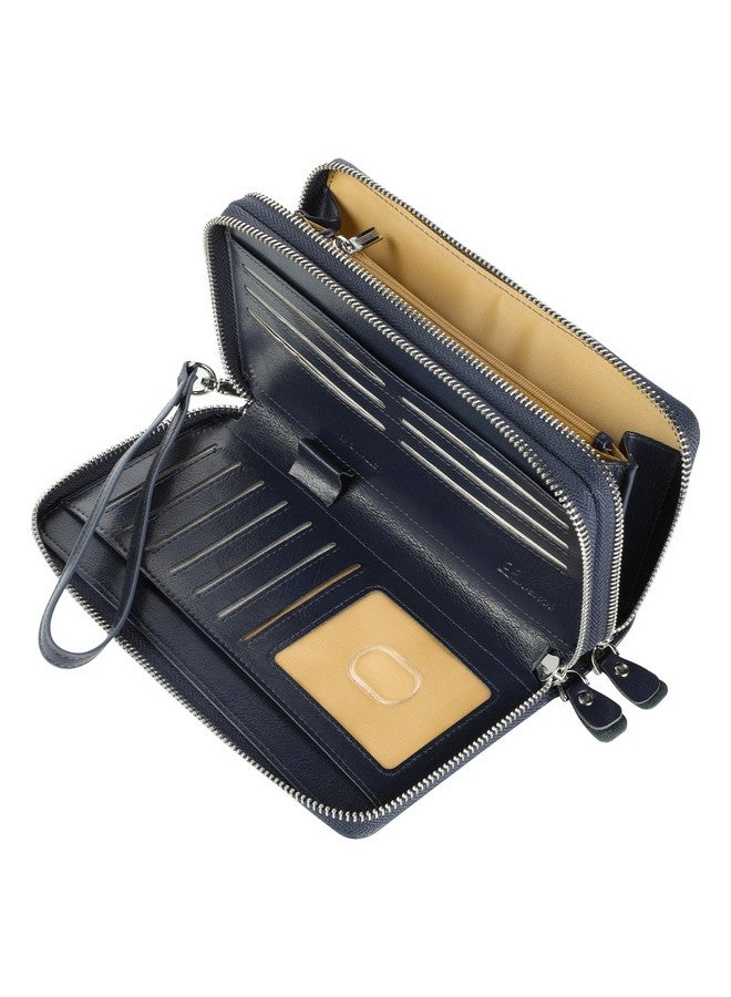 Lavemi Women'S 100% Leather Wallets Large Capacity Rfid Blocking Two Zippers Phone Holder Clutch Travel Purse(Two Zipper Blue) - Image 5