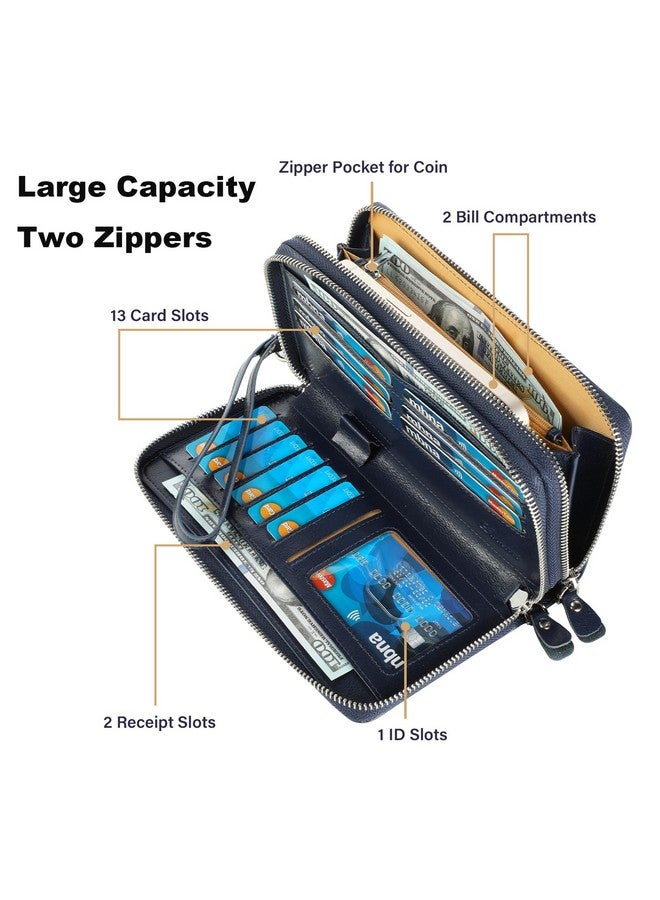 Lavemi Women'S 100% Leather Wallets Large Capacity Rfid Blocking Two Zippers Phone Holder Clutch Travel Purse(Two Zipper Blue) - Image 4