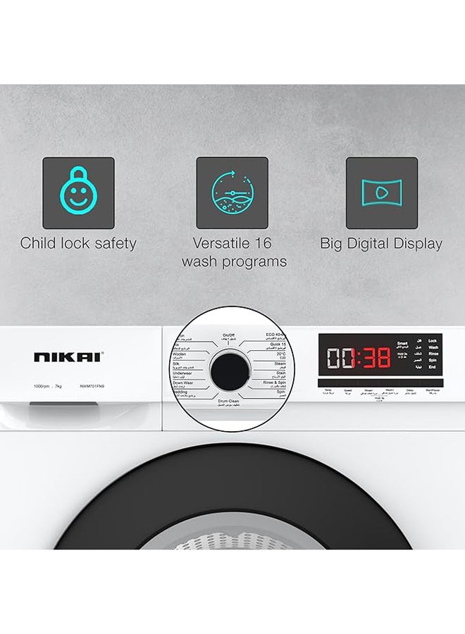 NIKAI 7KG 16 Programs Front Load Washer, Steam Wash, 1000 RPM, 4 Star Energy Saving Fully Automatic Washing Machine, Digital LCD Display, Child Lock, Best For Home And Small Family 7 kg 137 kW NWM701FN9 White - Image 4