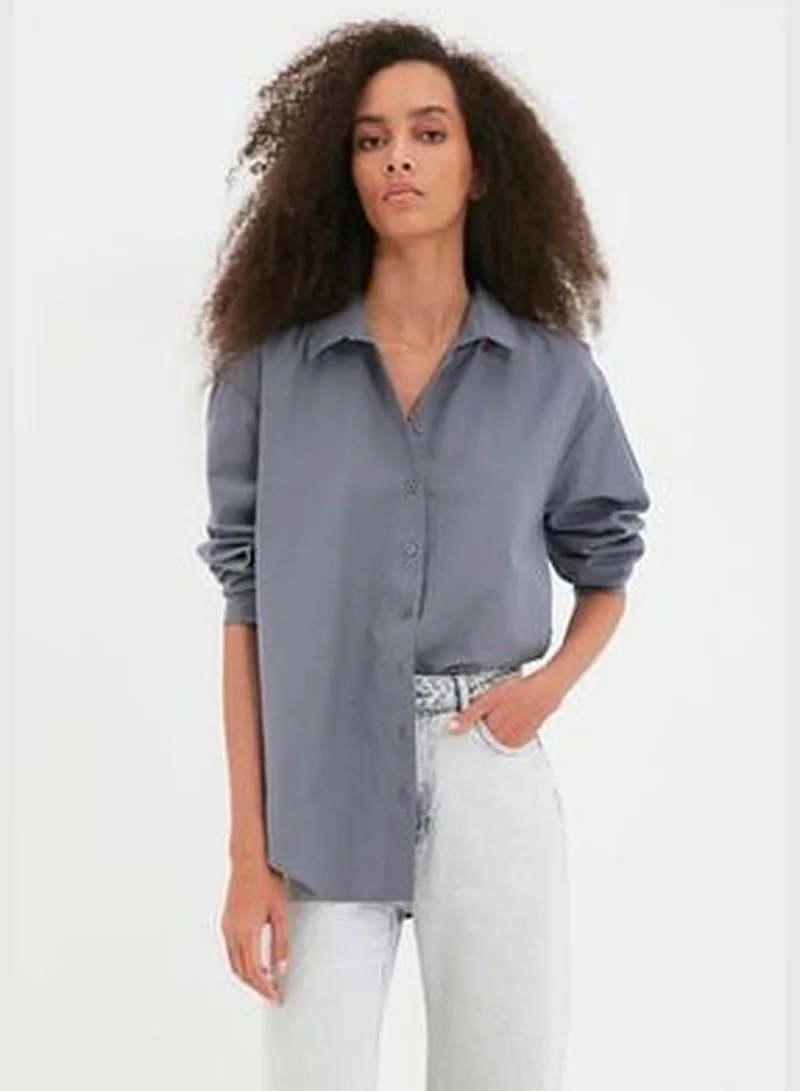 trendyol Anthracite Loose Fit Woven Cotton Shirt TWOAW20GO0107