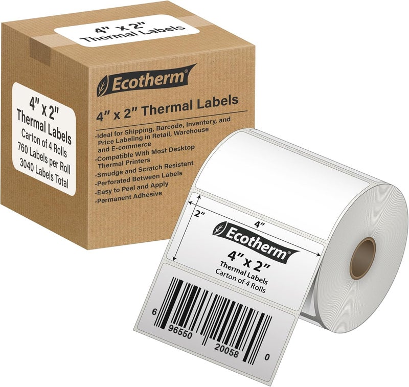 Ecotherm 4" x 2" Thermal Labels | 4 Rolls | 3040 Labels | fits Zebra, Munbyn, Rollo, Godex, Arkscan, iDPRT, Offnova Thermal Label Printers and More | Blank White Adhesive Stickers by - Image 1