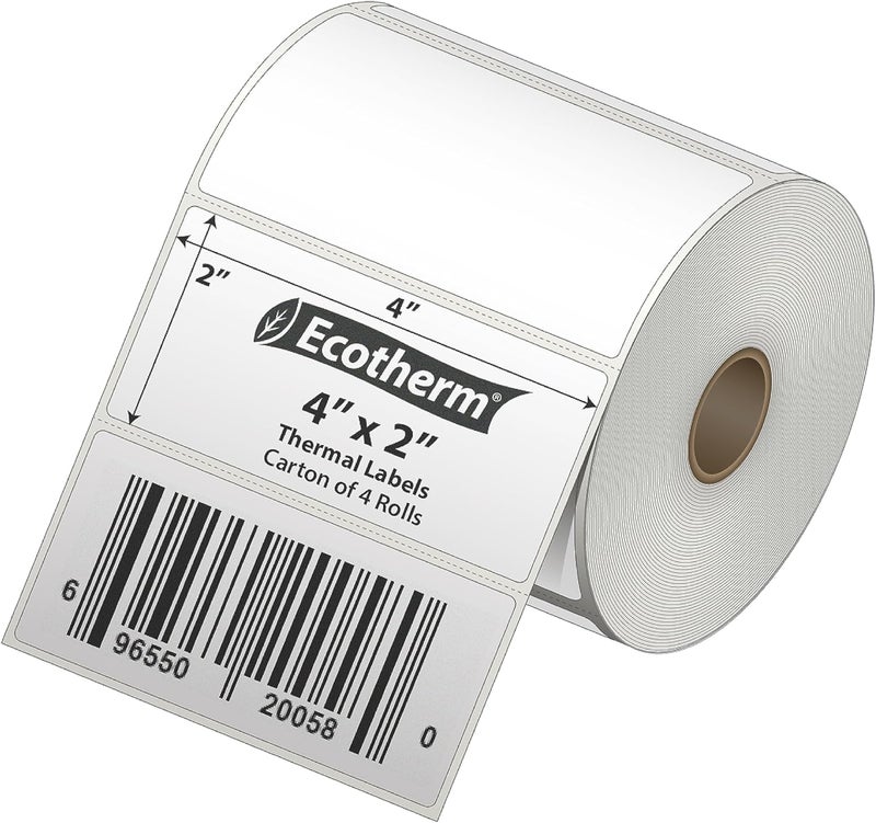 Ecotherm 4" x 2" Thermal Labels | 4 Rolls | 3040 Labels | fits Zebra, Munbyn, Rollo, Godex, Arkscan, iDPRT, Offnova Thermal Label Printers and More | Blank White Adhesive Stickers by - Image 2