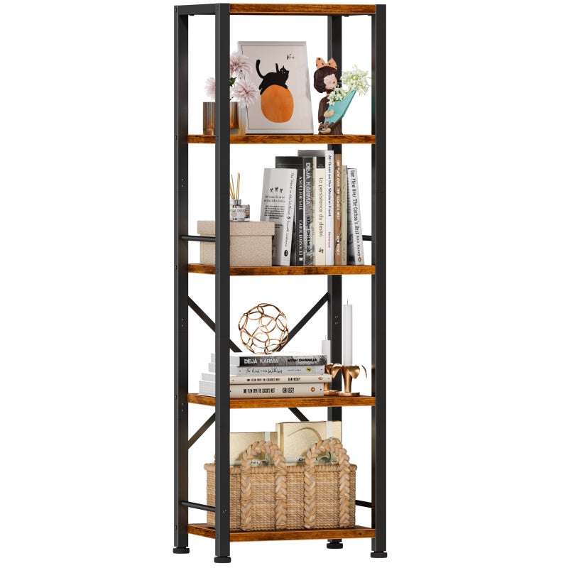 Furologee 5 Tier Tall Bookshelf Rustic Narrow Bookcase Display Standing Shelf Units Metal and Wood Storage Shelves Organizer for Bedroom Living Room Home Office Entryway Kitchen Rustic Brown