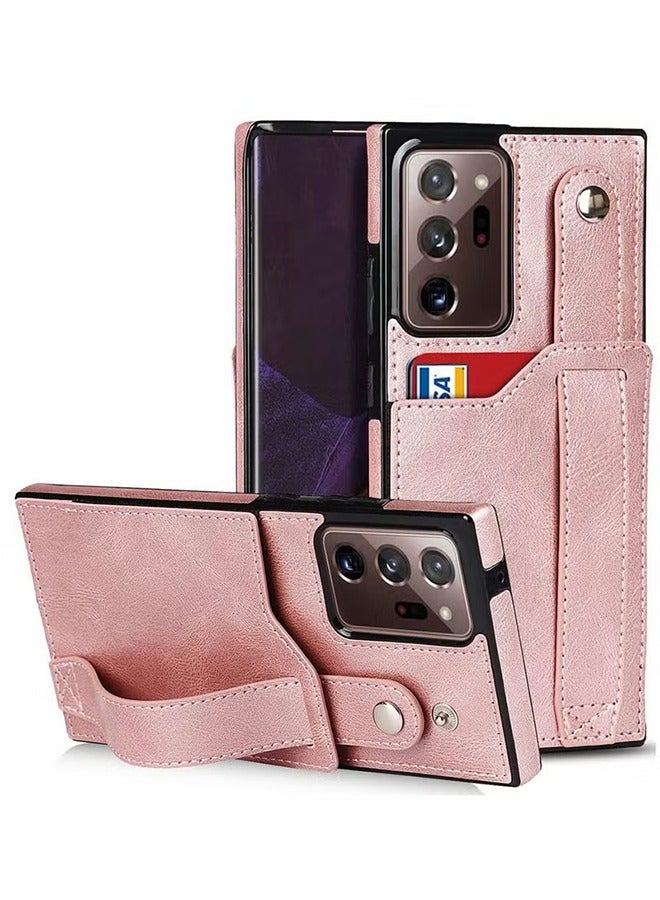 HY Case for Samsung Note 20 Ultra Wallet with Adjustable Wrist Strap Kickstand PU Leather Credit Card Holder Hybrid Protective Cover Galaxy 5G 6.9" Rose Gold