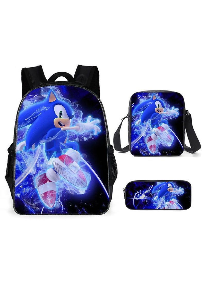 Sonic Primary School Backpack Cartoon Anime Backpack Messenger Bag Pencil Case Three-Piece Set 29*16*42cm