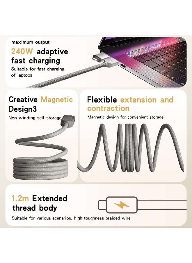 BASEMO 240W Magnetic Retractable Fast Charging Cable, Type-C Braided Data Cable, Universal for Apple iPhone 16, Huawei Phones, Laptops, PD Fast Charging, Car Charging Cable - Image 2