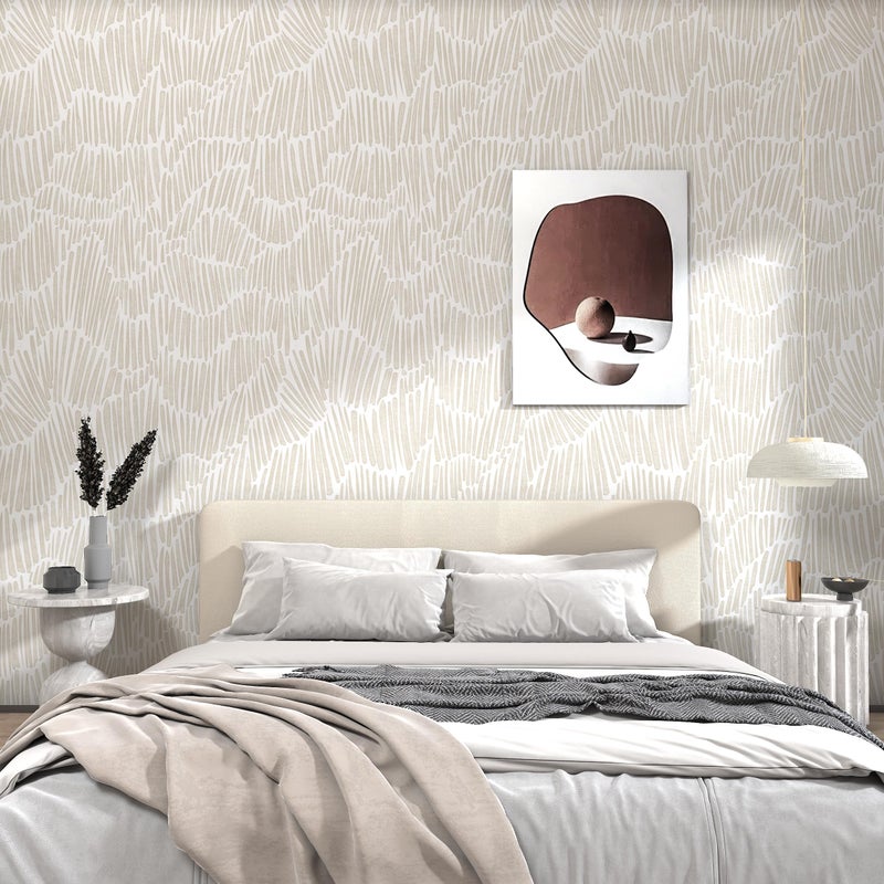 Theper Beige Wallpaper 17.3"Ã—78.8" Modern Striped Peel and Stick Wallpaper Boho Removable Self Adhesive Wall Paper for Bedroom Waterproof White and Gold Contact Paper for Cabinets Vinyl - Image 5