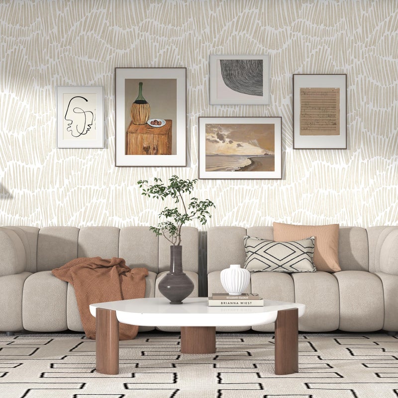 Theper Beige Wallpaper 17.3"Ã—78.8" Modern Striped Peel and Stick Wallpaper Boho Removable Self Adhesive Wall Paper for Bedroom Waterproof White and Gold Contact Paper for Cabinets Vinyl - Image 4
