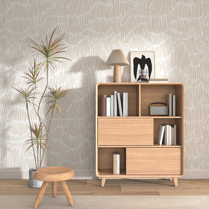 Theper Beige Wallpaper 17.3"Ã—78.8" Modern Striped Peel and Stick Wallpaper Boho Removable Self Adhesive Wall Paper for Bedroom Waterproof White and Gold Contact Paper for Cabinets Vinyl - Image 2