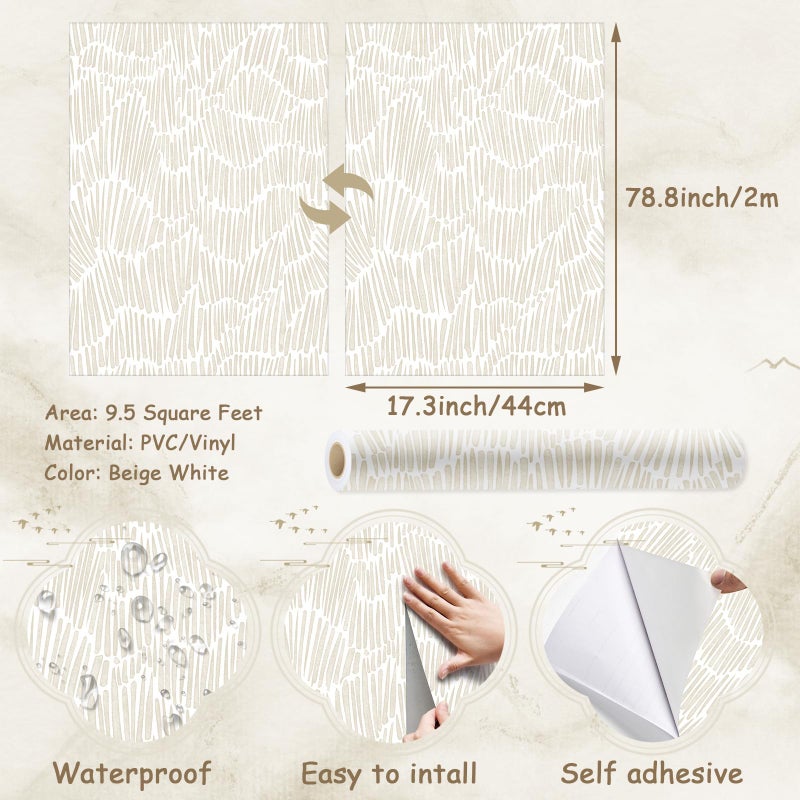 Theper Beige Wallpaper 17.3"Ã—78.8" Modern Striped Peel and Stick Wallpaper Boho Removable Self Adhesive Wall Paper for Bedroom Waterproof White and Gold Contact Paper for Cabinets Vinyl - Image 3