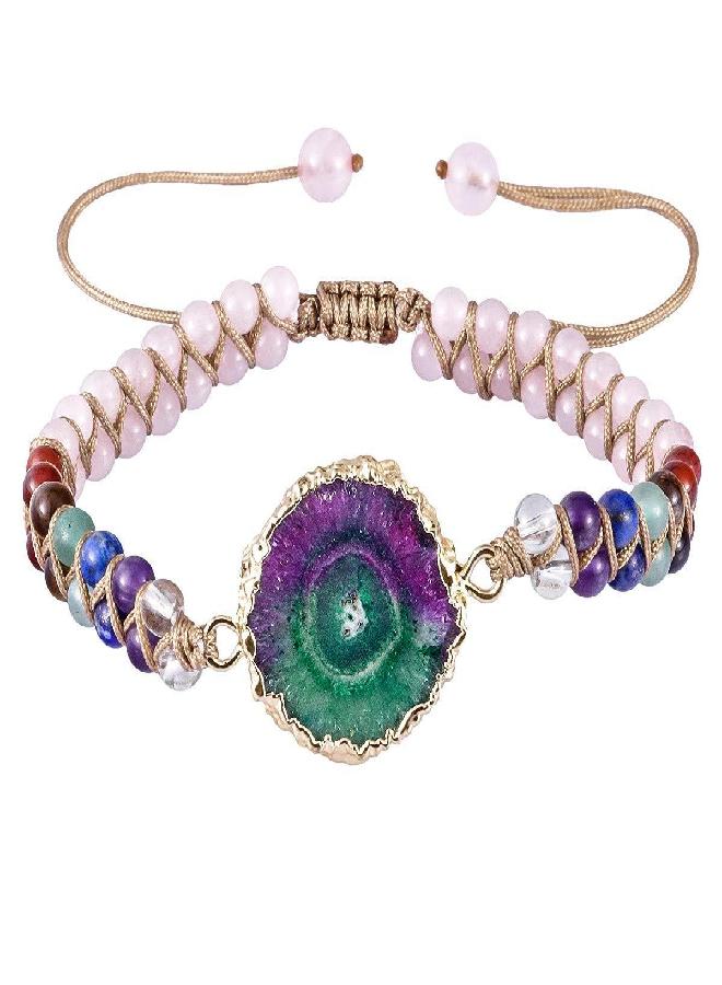 SUNYIK 7 Chakra Beads Bracelet for Women, Sun Flower Healing Crystal Handmade Braided Adjustable Bracelet, Rose Quartz - Image 4