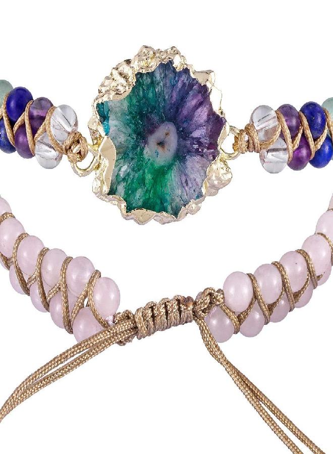 SUNYIK 7 Chakra Beads Bracelet for Women, Sun Flower Healing Crystal Handmade Braided Adjustable Bracelet, Rose Quartz - Image 2