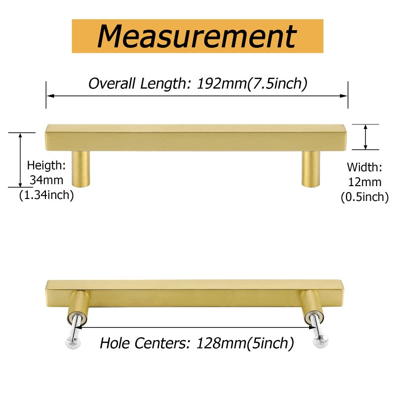 goldenwarm 5in(128mm) Cabinet Pulls Gold Cabinet Hardware Knobs 5Pack - LS1212GD128 Brushed Brass Cabinet Pulls Square T Bar Drawer Pulls Brass Kitchen Hardware - Image 2