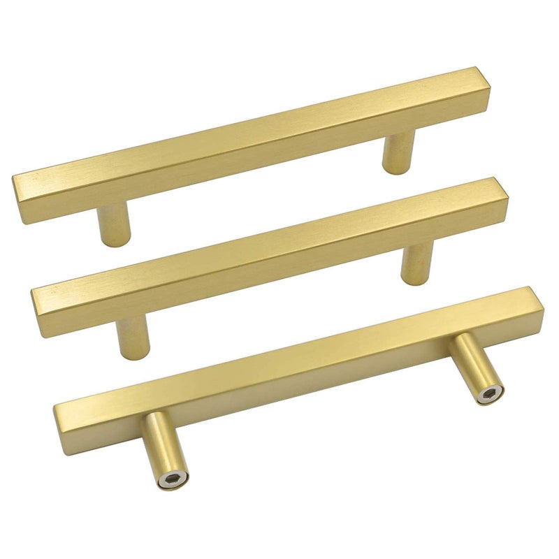 goldenwarm 5in(128mm) Cabinet Pulls Gold Cabinet Hardware Knobs 5Pack - LS1212GD128 Brushed Brass Cabinet Pulls Square T Bar Drawer Pulls Brass Kitchen Hardware - Image 1