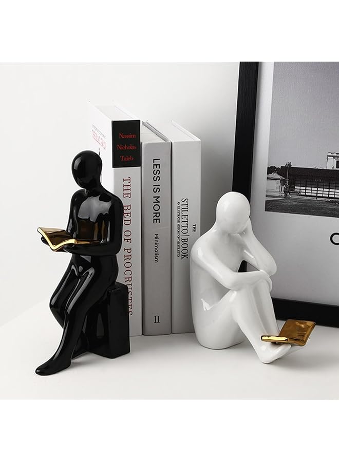 إيروريكس حوامل كتب مزخرفة، ديكورات منزلية حديثة، حوامل كتب سيراميك، حوامل كتب للأرفف، حامل رف كتب للكتب الثقيلة، زينة المكتب، رف كتب سطح المكتب باللونين الأبيض والأسود، Thinker - Image 4