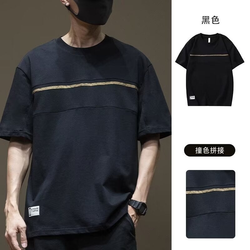 Summer Retro Fashionable Contrast Color Stitching Short-Sleeved T-Shirt Men'S Fashionable Brand Plus Size Loose Casual Half-Sleeved Top For Teenagers - Image 2