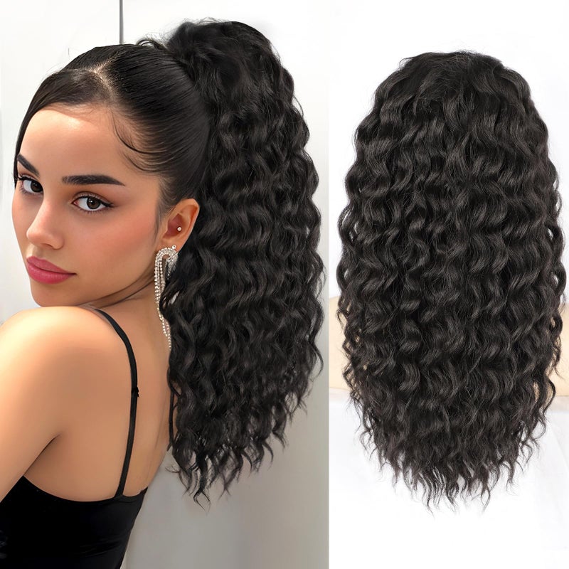 HMD Curly Ponytail Extension Drawstring Ponytail for Black Women Brown Black Curly Clip in Hair Extensions 18 Inch Ponytail Extension Synthetic Hairpiece for Daily Party