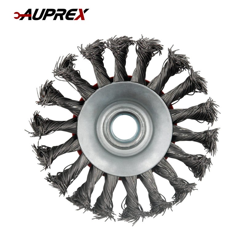 AUPREX 5 Pack 4 Inch Twist Knotted Wire Wheel Brush for Angle Grinder with 5/8 Inch-11 Threaded Arbor - 0.02 Inch Carbon Steel Wire for Heavy-Duty Conditioning for Various Metals - Image 3