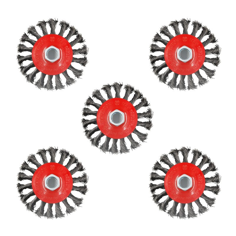 AUPREX 5 Pack 4 Inch Twist Knotted Wire Wheel Brush for Angle Grinder with 5/8 Inch-11 Threaded Arbor - 0.02 Inch Carbon Steel Wire for Heavy-Duty Conditioning for Various Metals - Image 1