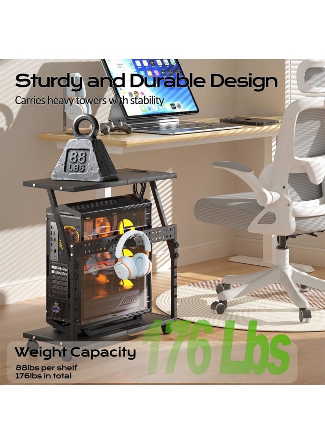Tyfnry 24In Large PC Stand, 5 Levels Height Adjustable Computer Tower Stand with Charging Station, Wheels and Hooks, CPU Holder Cart for Floor, Carpet and Under Desk, Easy Assembly（with Power Strips） - Image 3