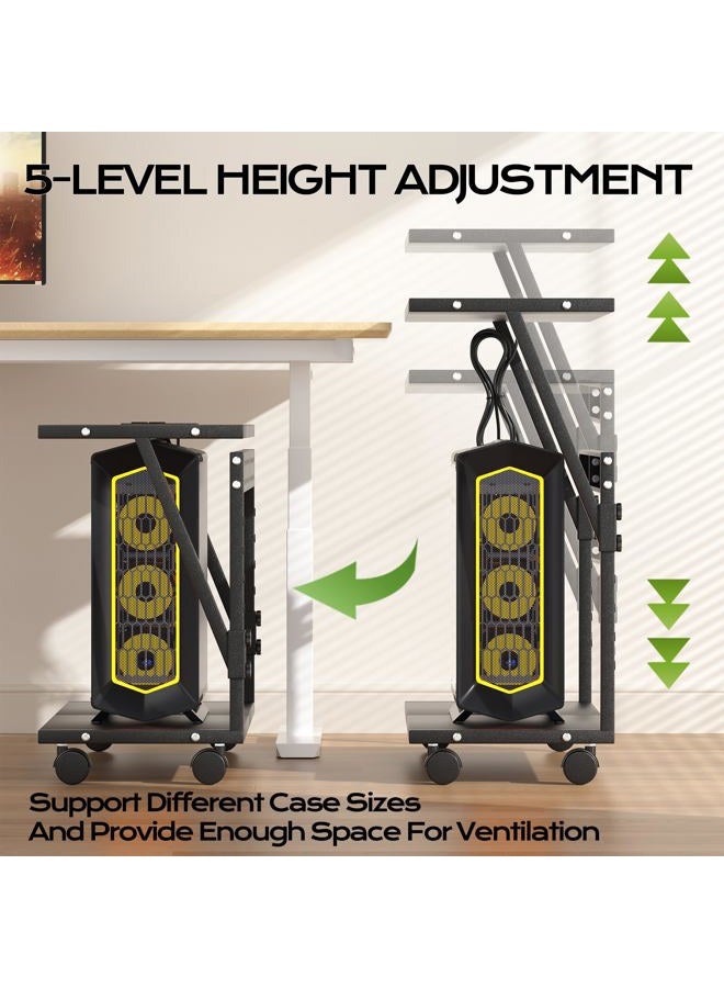 Tyfnry 24In Large PC Stand, 5 Levels Height Adjustable Computer Tower Stand with Charging Station, Wheels and Hooks, CPU Holder Cart for Floor, Carpet and Under Desk, Easy Assembly（with Power Strips） - Image 2