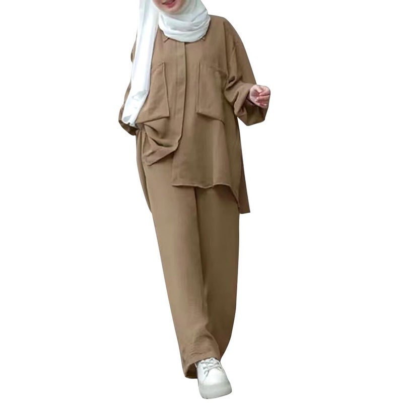 ODIZLI Formal Muslim Clothes For Women Dress Top Women Abaya Dress Robe For Muslim Women Modest Islamic Dubai Abayas Outfits for Id alFitr Corban Festival Eid Ramadan KhakiPockets Button Down Shirt S - Image 2