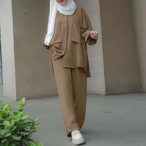 ODIZLI Formal Muslim Clothes For Women Dress Top Women Abaya Dress Robe For Muslim Women Modest Islamic Dubai Abayas Outfits for Id alFitr Corban Festival Eid Ramadan KhakiPockets Button Down Shirt S - Image 3