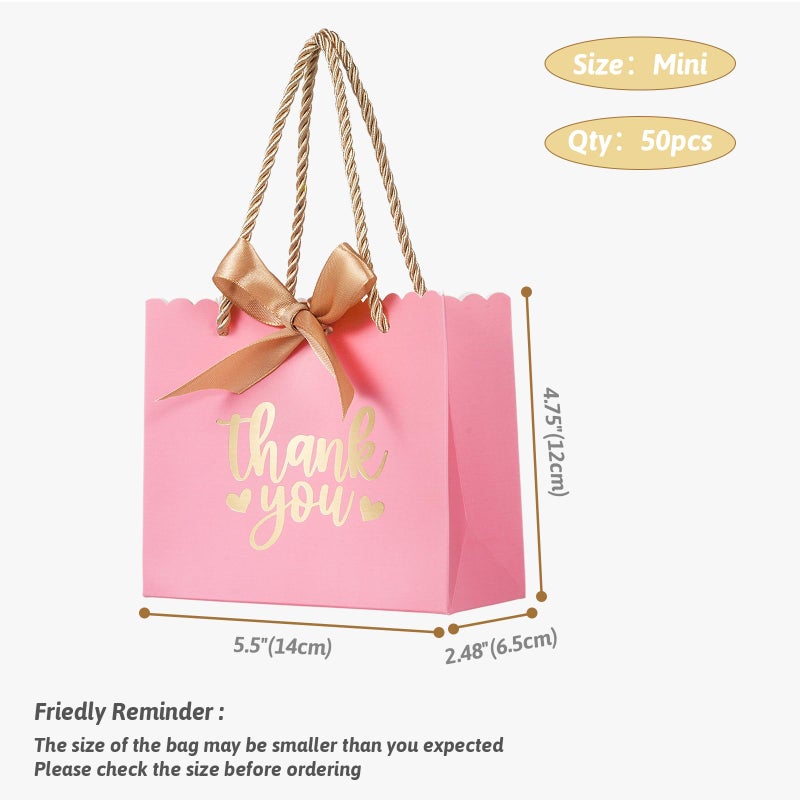 QIELSER 50 Pack Small Thank You Gift Bags with Handles, Pink Mini Party Favor Bags 5.5''x 2.5''x4.7'', Mini Gift Bags Bulk with Bow Ribbon for Valentine's Day, Bridal, Wedding, Baby Shower - Image 3
