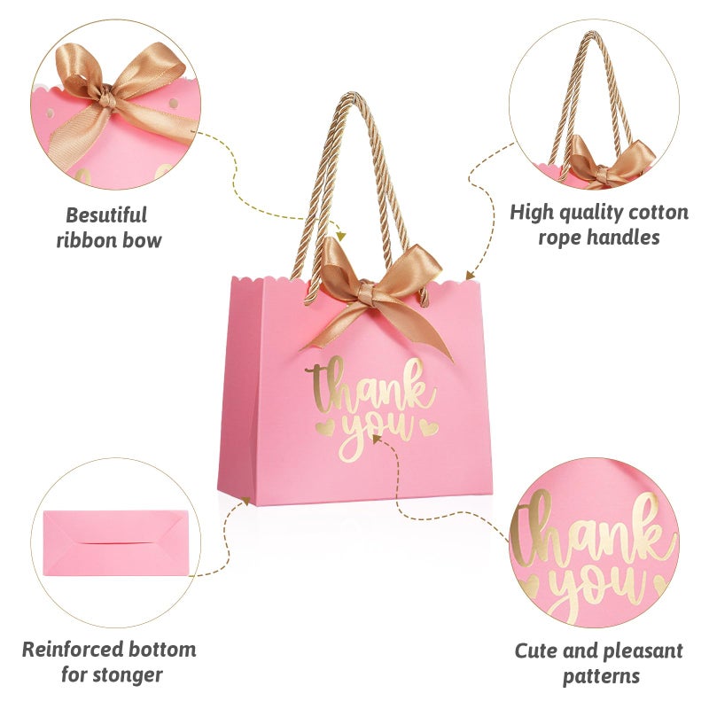 QIELSER 50 Pack Small Thank You Gift Bags with Handles, Pink Mini Party Favor Bags 5.5''x 2.5''x4.7'', Mini Gift Bags Bulk with Bow Ribbon for Valentine's Day, Bridal, Wedding, Baby Shower - Image 4