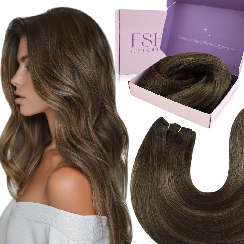 Fshine Brazilian Hand Tied Weft Hair Extensions Human Hair 16inch 100g Balayage Darkest Brown Mixed Light Brown Straight Remy Hair Seamless and Invisible Full Head Sew in Hair Extensions