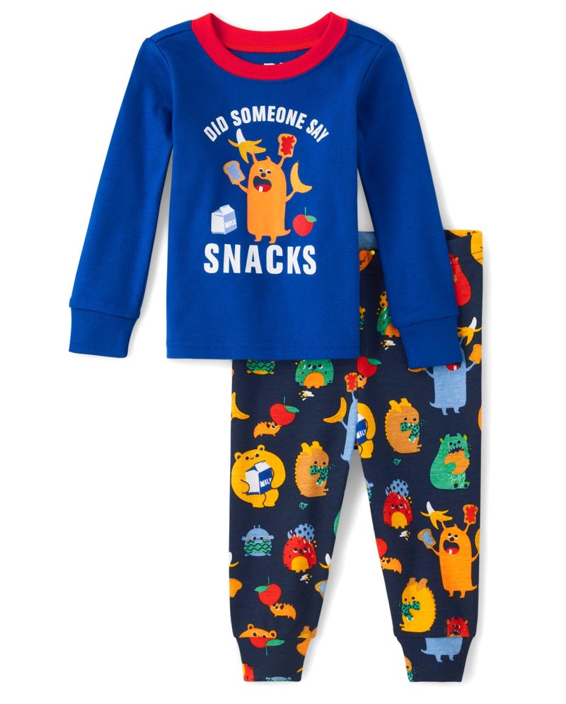 The Children's Place Baby Boys' and Toddler Long Sleeve Top and Pants Snug Fit 100% Cotton 2 Piece Pajama Set, Snack Monster, 3 Years - Image 1