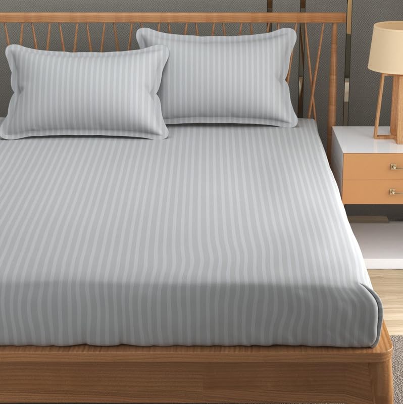Furnofy Premium Satin Stripped King Size Bedsheet 108x108 Inches with 2 Pillow Covers 18 28 Inches Grey Soft Luxurious - Image 1