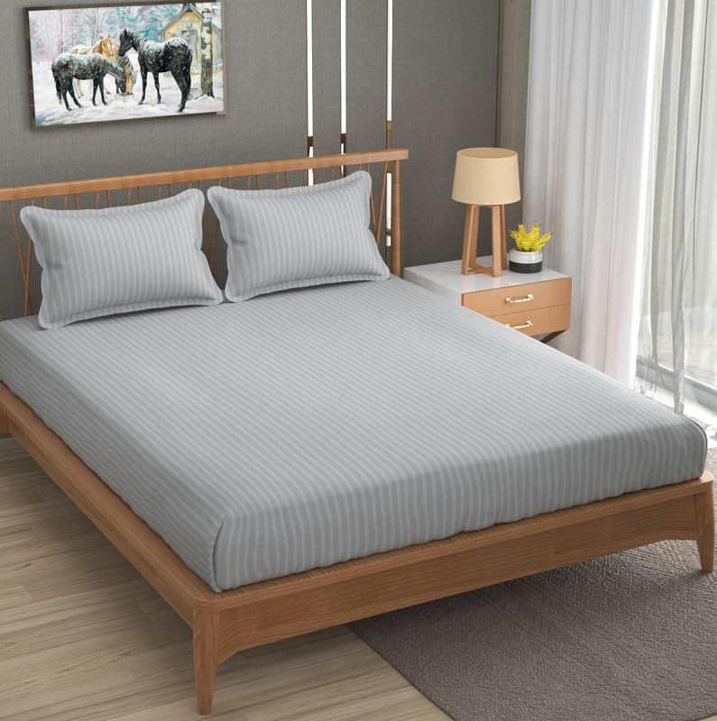 Furnofy Premium Satin Stripped King Size Bedsheet 108x108 Inches with 2 Pillow Covers 18 28 Inches Grey Soft Luxurious - Image 2