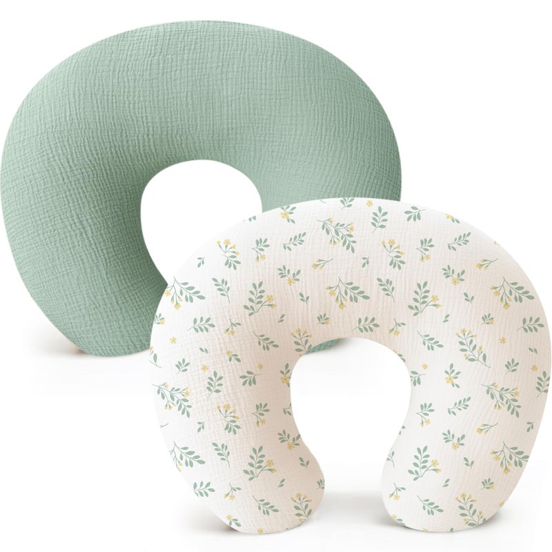 Konssy Muslin Nursing Pillow Covers Soft and Cute Nursing Covers for Breastfeeding Pillows Ideal for Newborn Baby Boys and Girls Green Leafy 2 Pack - Image 2