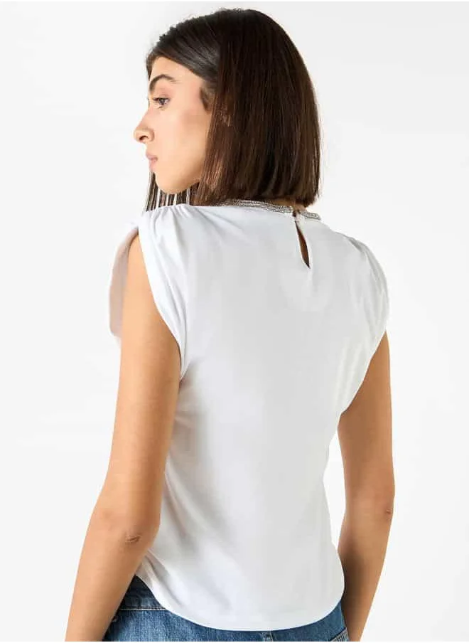 2Xtremz 2Xtremz Embellished Round Neck Sleeveless Top with Ruched Detail