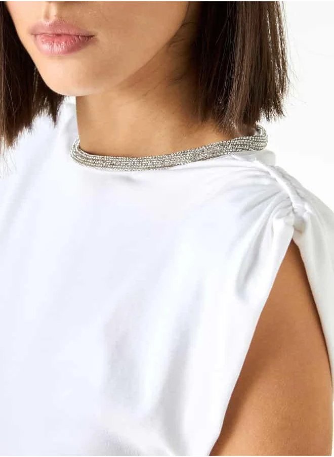 2Xtremz 2Xtremz Embellished Round Neck Sleeveless Top with Ruched Detail
