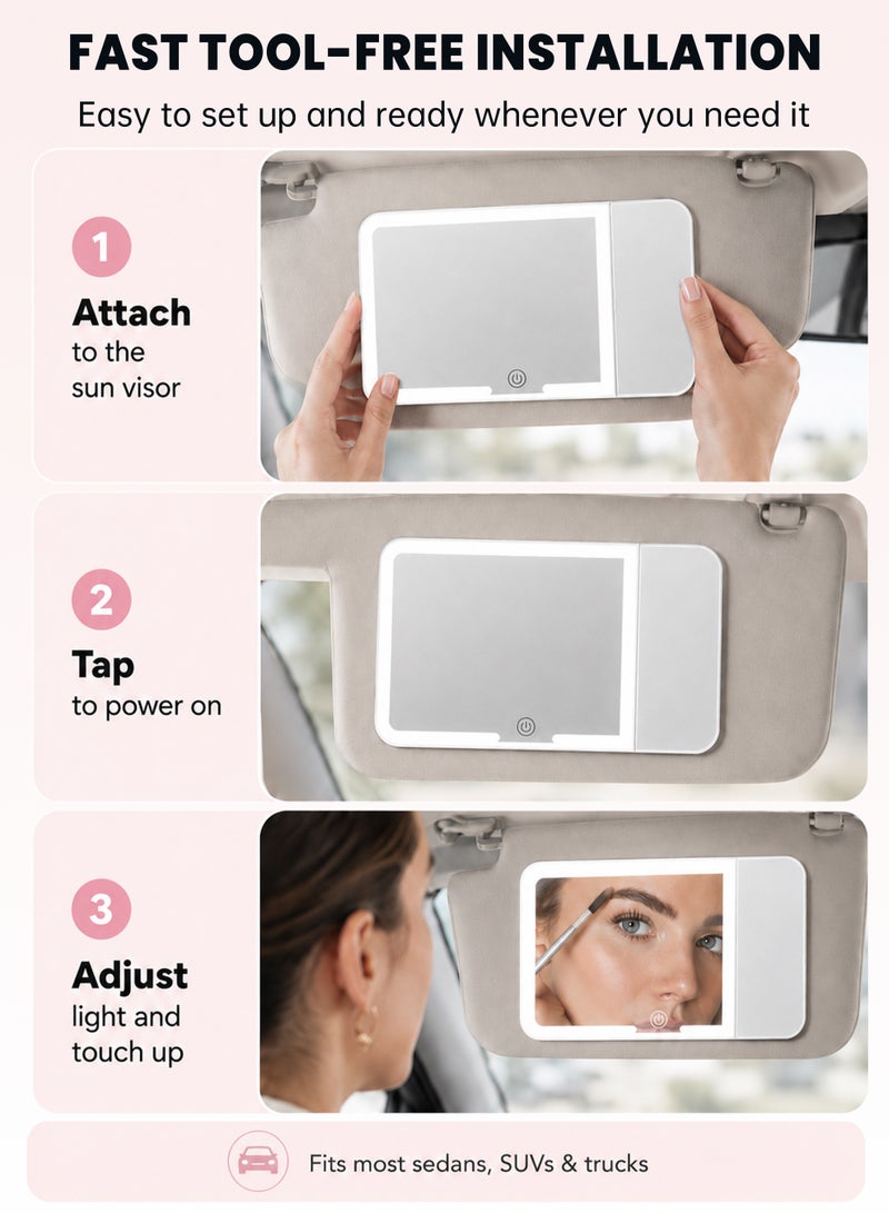 LED Car Vanity Mirror, 3X Visor Mirror with 3 Light Modes, Rechargeable Dimmable Touch Control, Universal Fit for Most Cars, White - Image 4