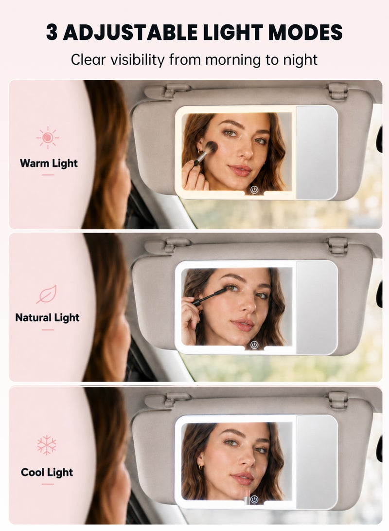 LED Car Vanity Mirror, 3X Visor Mirror with 3 Light Modes, Rechargeable Dimmable Touch Control, Universal Fit for Most Cars, White - Image 5