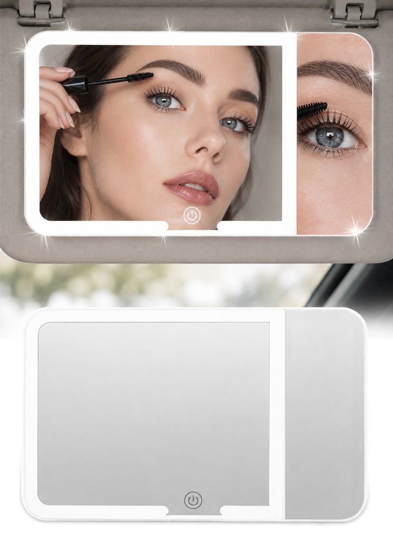 LED Car Vanity Mirror, 3X Visor Mirror with 3 Light Modes, Rechargeable Dimmable Touch Control, Universal Fit for Most Cars, White - Image 1