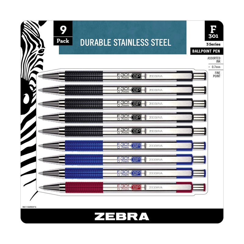 Zebra Pen F-301 Retractable Ballpoint Pen, Stainless Steel Barrel, Fine Point, 0.7mm, Assorted Ink, 9-Pack - Image 1