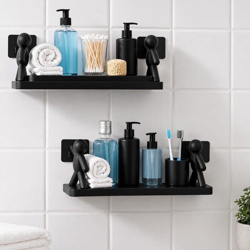 Self Adhesive Bathroom Shelf, Wall Mounted Storage Shelf with Human Support Bracket, No Drilling Bathroom Organizer, Waterproof Plastic Shower Shelf for Bathroom, Kitchen & Toilet Black - Image 3