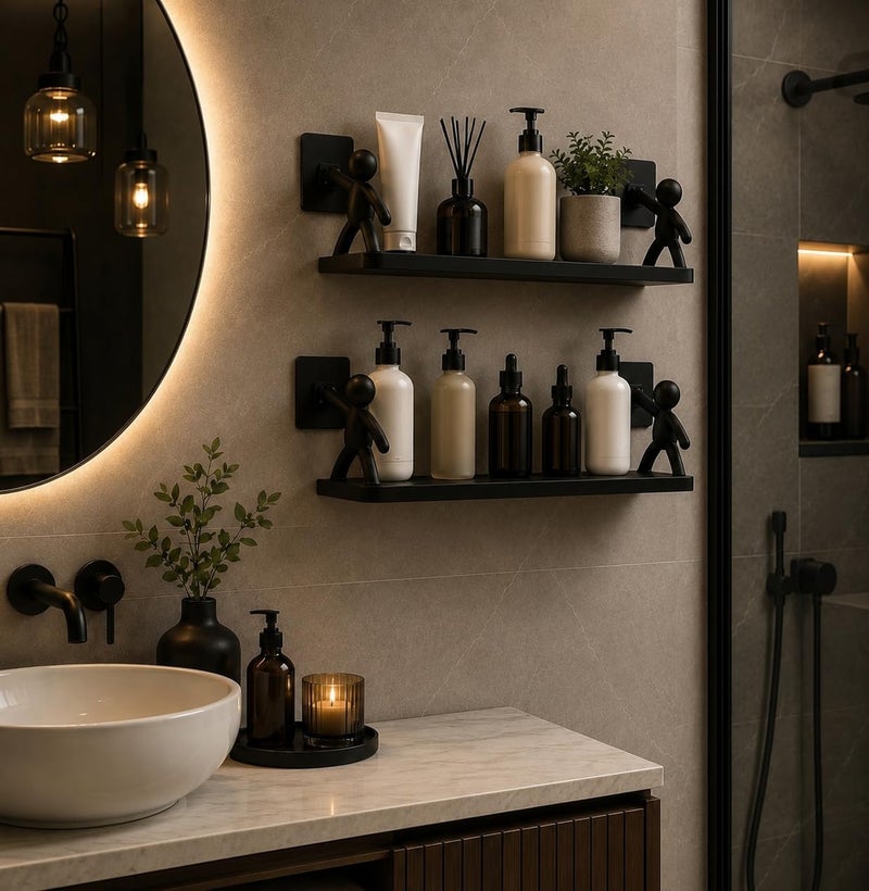 Self Adhesive Bathroom Shelf, Wall Mounted Storage Shelf with Human Support Bracket, No Drilling Bathroom Organizer, Waterproof Plastic Shower Shelf for Bathroom, Kitchen & Toilet Black - Image 2