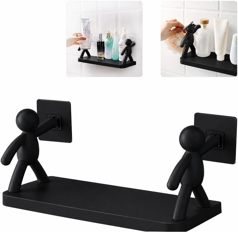 Self Adhesive Bathroom Shelf, Wall Mounted Storage Shelf with Human Support Bracket, No Drilling Bathroom Organizer, Waterproof Plastic Shower Shelf for Bathroom, Kitchen & Toilet Black - Image 4