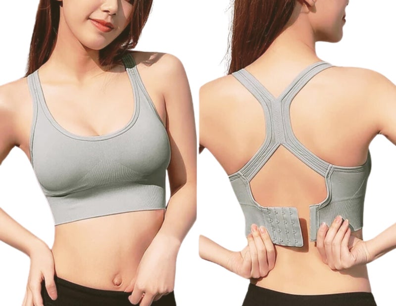 GLAMORAS Women's Nylon Spandex Low Impact Padded Non Wired Racer Back Back Hook Sports Bra for Gym, Yoga | Everyday Active Wear for Girls | Size M to 2XL Grey - Image 1