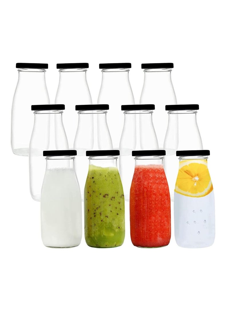 FUFU 12 oz Glass Bottles, Clear Glass Milk Bottles with Black Metal Airtight Lids, Vintage Breakfast Shake Container, Vintage Drinking Bottles with of 12pack  - Image 1