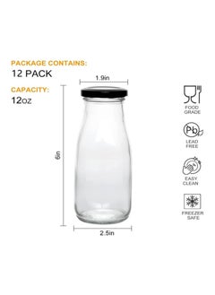 FUFU 12 oz Glass Bottles, Clear Glass Milk Bottles with Black Metal Airtight Lids, Vintage Breakfast Shake Container, Vintage Drinking Bottles with of 12pack  - Image 2